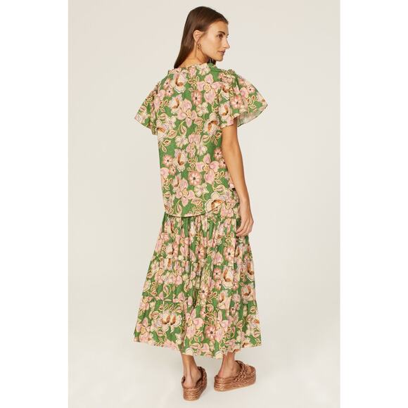 MISA Suparna Green Floral Print Cap Sleeve Tie Neck Peasant Blouse Size Large - Picture 3 of 14